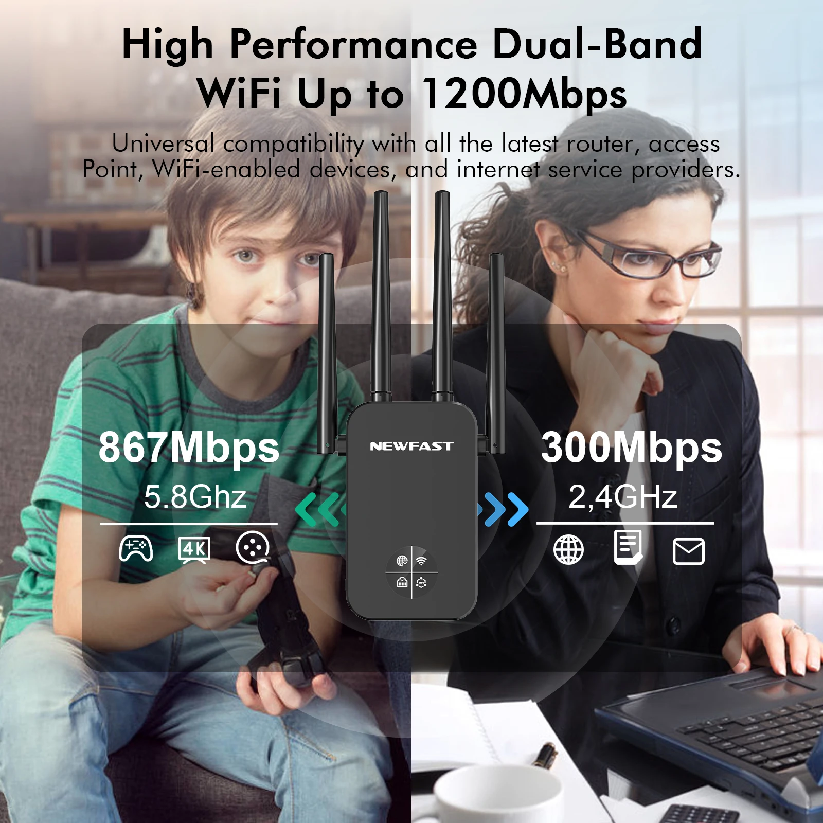 NEWFAST WiFi 1200Mbps Repeater Router 2.4/5G Wireless Signal Extender Smart OLED Repeteur Wi-Fi Amplifier 4 Antenna Booster