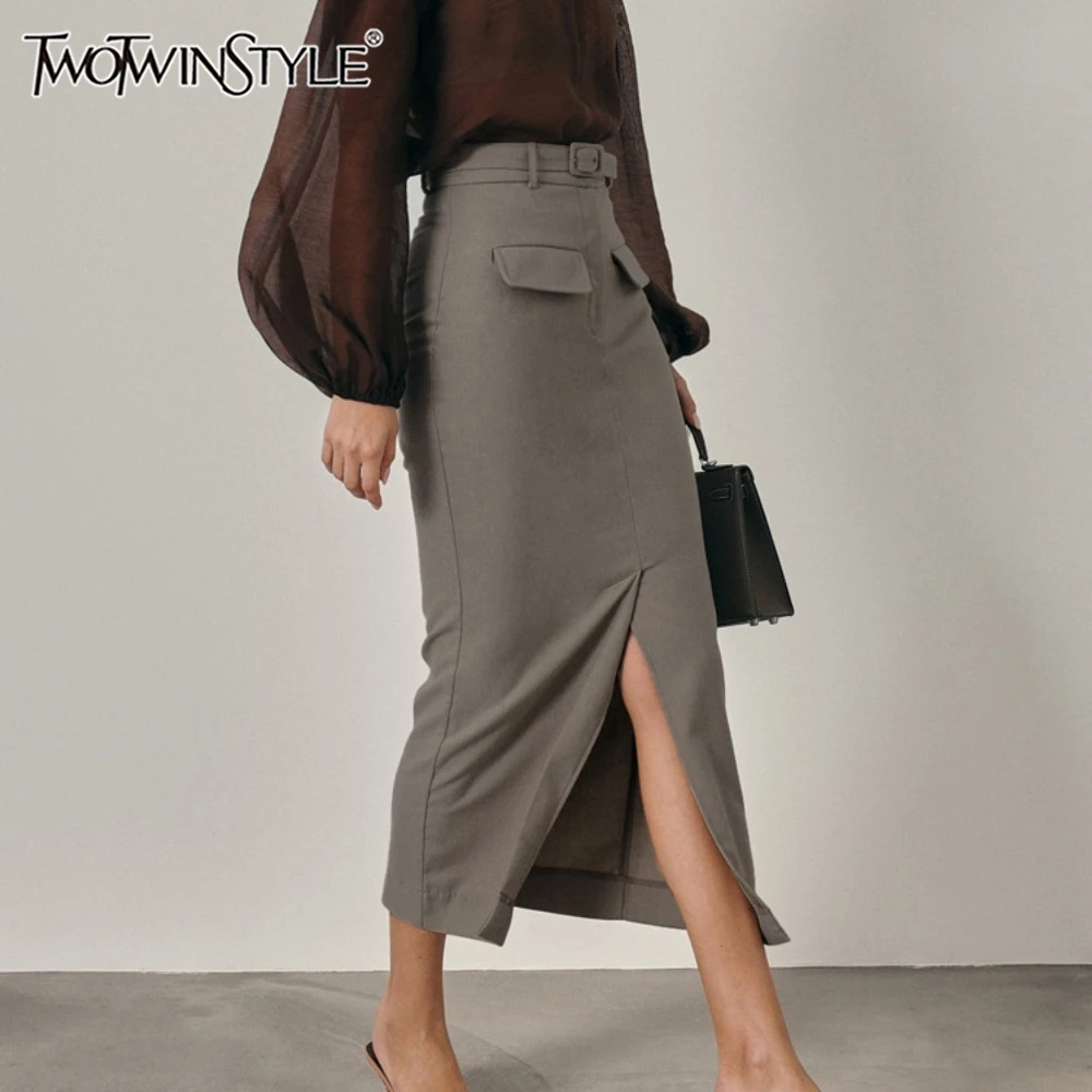 

TWOTWINSTYLE офисные лоскутные юбки-миди с карманами для женщин, высокая талия, сращенные пояса, женская юбка с разрезом спереди в минималистском стиле