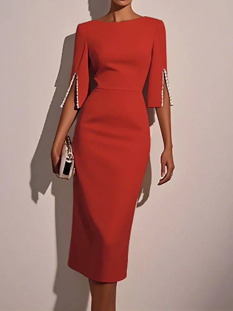 New Solid Patchwork Elegant Party Dress, Women Spring Summer O Neck Simple Maxi Dress, Three Quarter Sleeve Fashion Ladies Dress