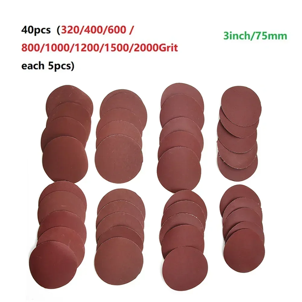 40pcs/Set 75mm-80mm Flocking Sandpaper Sanding Paper Abrasive Disc Pad For Polishing 320/400/600/800/1000/1200/1500/2000 Grit