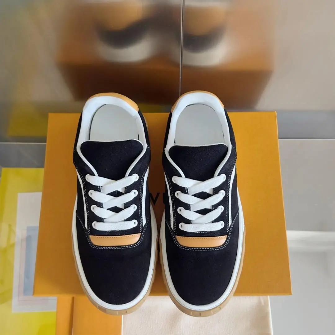 Unisex Black Suede Skate Sneakers, White Stitching & Tan Patch Lace Up Gum Thick Sole Street Casual Board Shoes