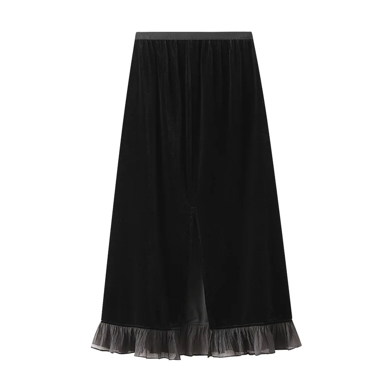 

Black velvet patchwork hip hugging skirt 2025 autumn new high waisted elastic slimming long skirt mid length skirt A-line skirt