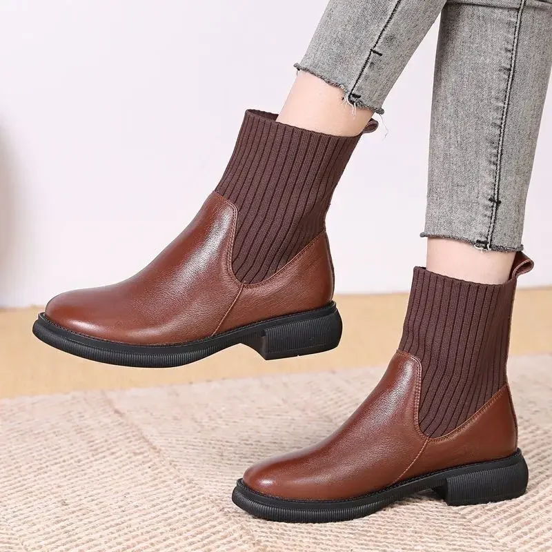 Booties Fur Female Ankle Boots Elastic Sock Short Shoes for Women Brown Round Toe Footwear New In Autumn Hot Rock Goth Sale Pu