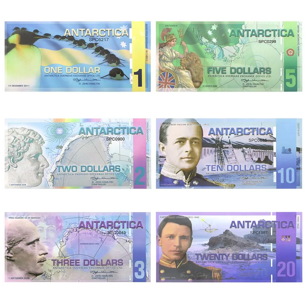 6 billetes conmemorativos de 1/2/3/5/10/20 dólares de Antártida, juego de billetes de fantasía de polímero UV, UNC, regalo de recuerdo coleccionable