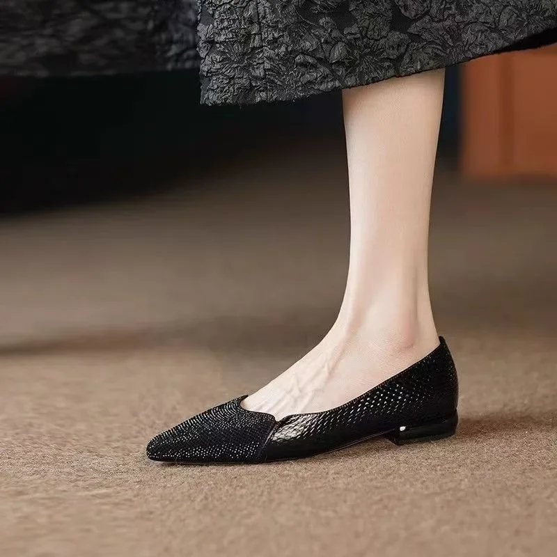 

25 Temperament Water Diamond Female Shoes Shallow Mouth Flat Bottomed French Pointed Spring and Summer Shoes Versatile for Women