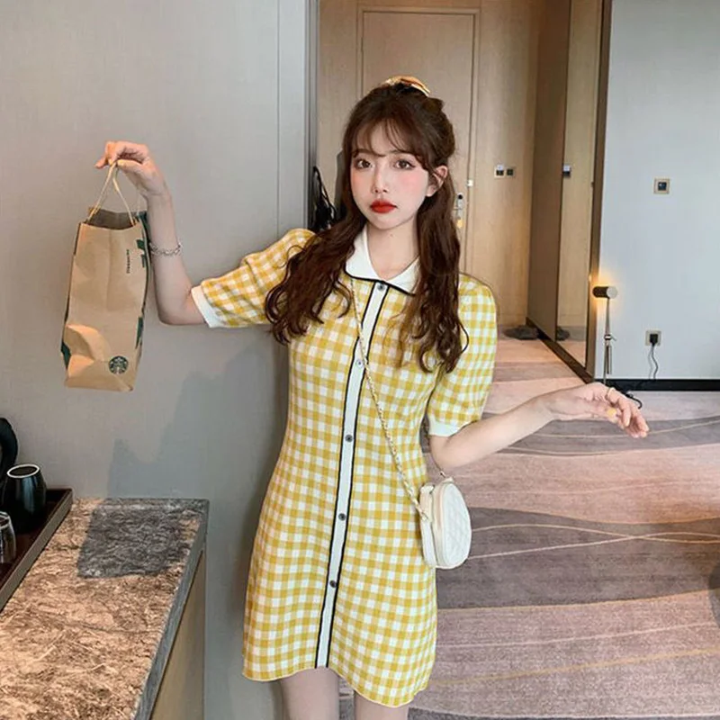 2023 New Summer Temperament Plaid Knitting Polo-Neck Short Sleeve Casual Dresses Women Clothes Sweet Buttons Pullover Dresses