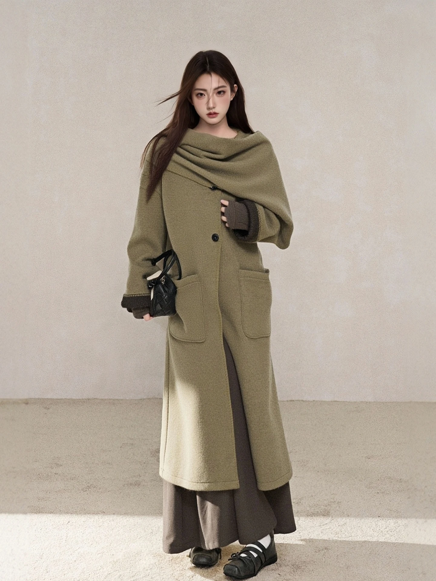 

Двусторонний шерстяной шарф, женское свободное длинное пальто, корейский Sle, модный зимний новый дизайн, эксклюзивная корейская версия в Интернете