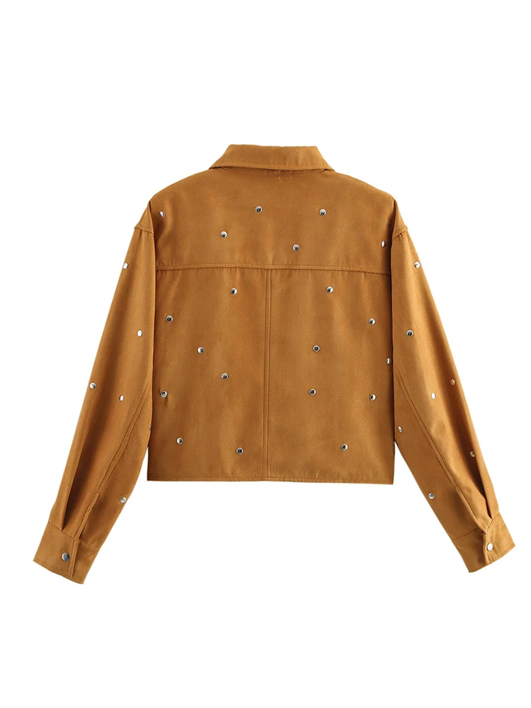 Chaquetas Vintage elegantes con remaches para mujer, chaquetas de gamuza inteligentes a la moda para mujer, trajes informales para mujer, ropa elegante para niñas 2025