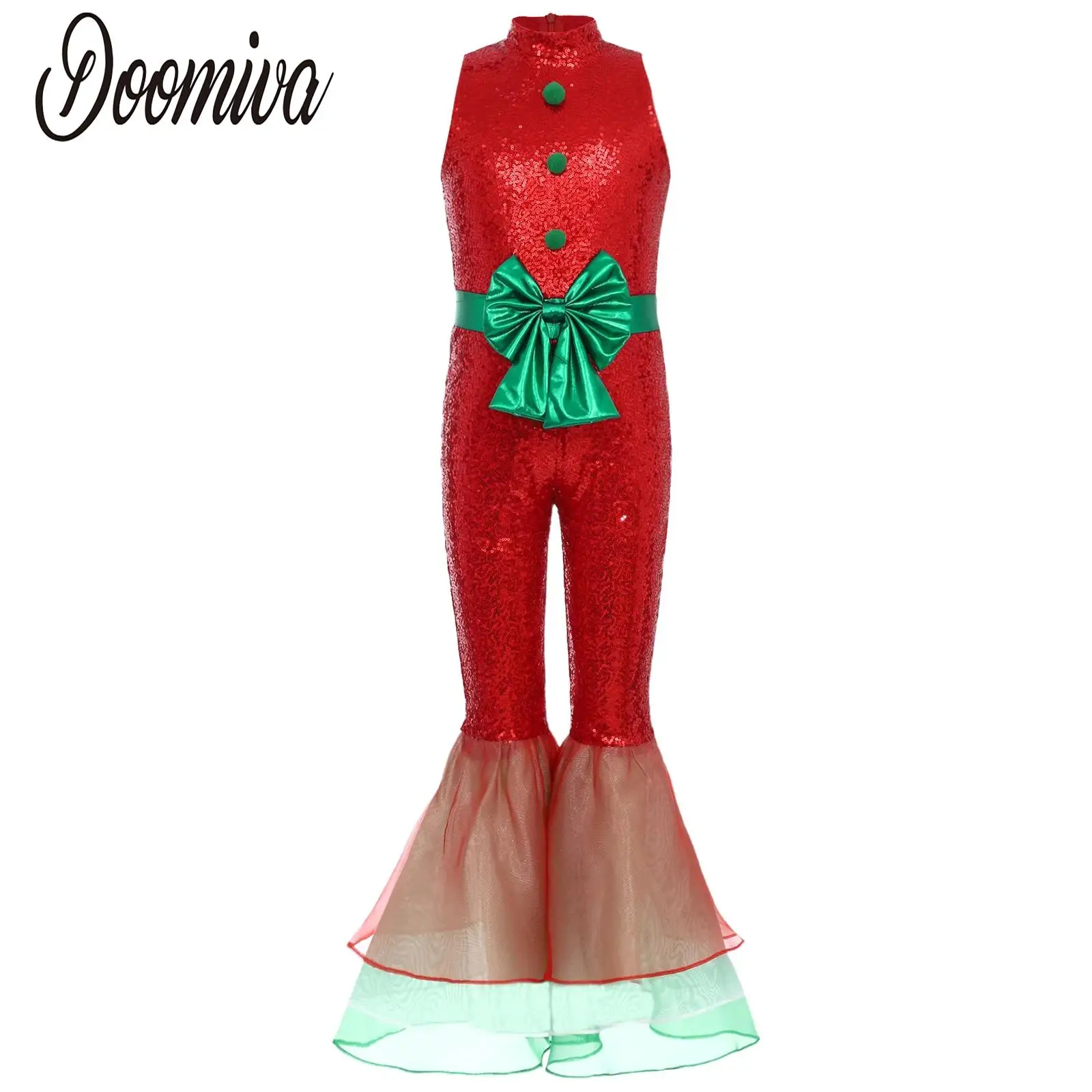 

Girls Dance Christmas Elf Costumes Leotard Ballroom Jazz Dance Jumpsuit Sparkly Sequin Bowknot Romper for Festival Party Prom