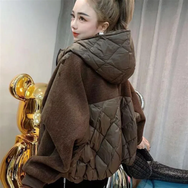 2023 New Autumn Winter Down Cotton-Padded Jacket Women\'s Overcoat Short Diamond Lattice Bat Sleeve Wool Spell Warm Parker Coat