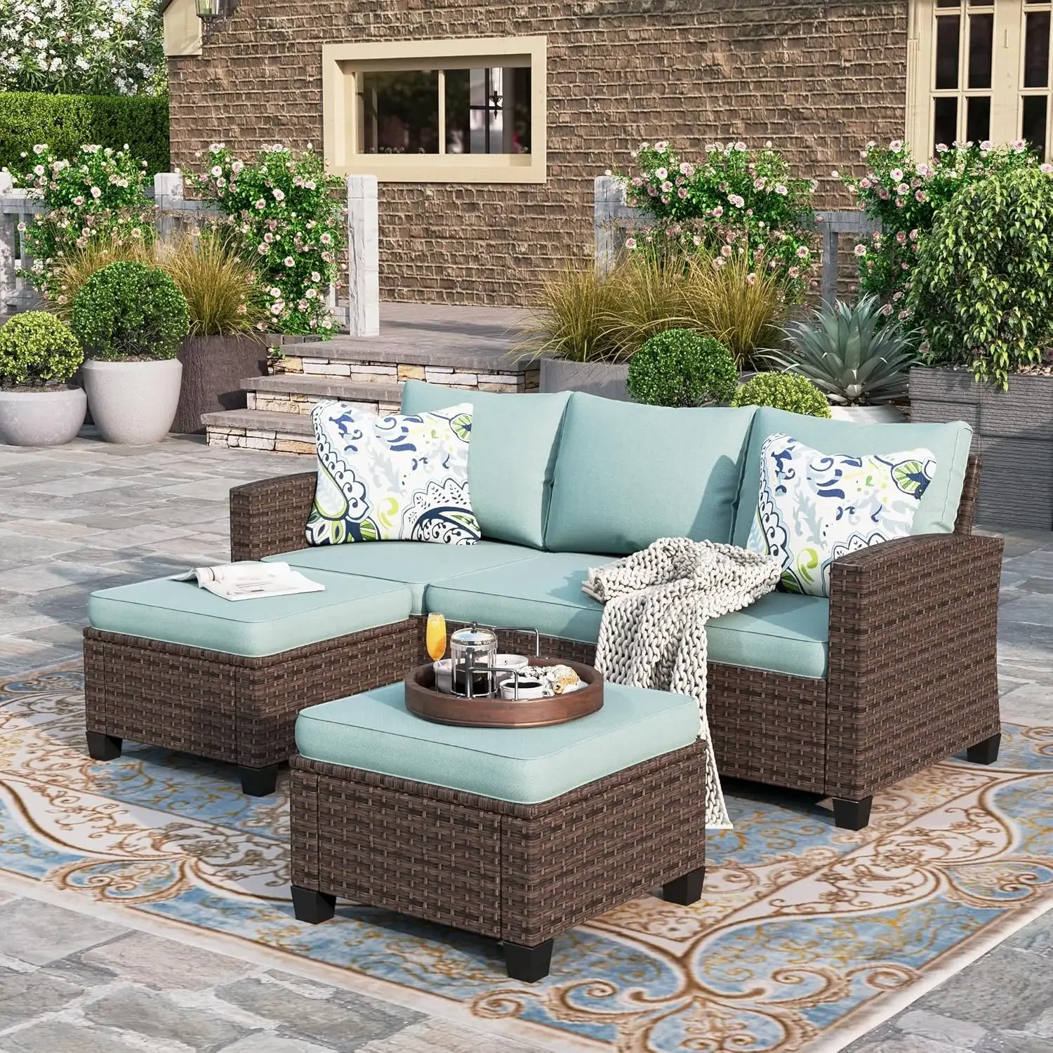 

3pcs Patio Furniture Set, 3-Seat Couch Sofa & Ottomans, Wicker Outdoor Conversation Set for Deck Garden Backyard Porch, Brown