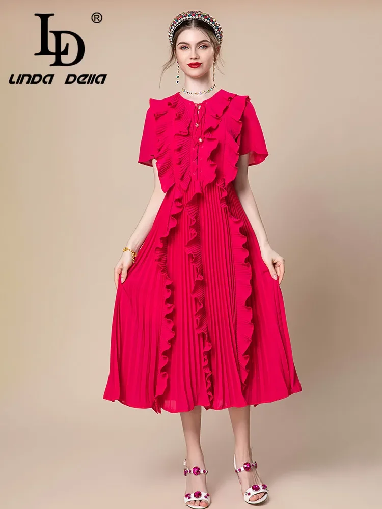 

Летнее платье LD LINDA DELLA для женщин, красное, с коротким рукавом, облегающее, с бисером, оборками, в полоску, пышное