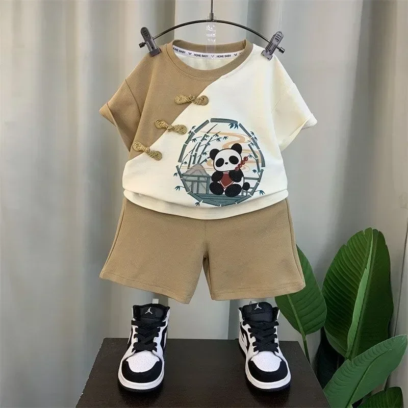 Kawaii Khaki Red Round Neck Handmade Buttons Panda Print Tang Suit Tops Pants Boys Summer Chinese Kung Fu Costumes for Children