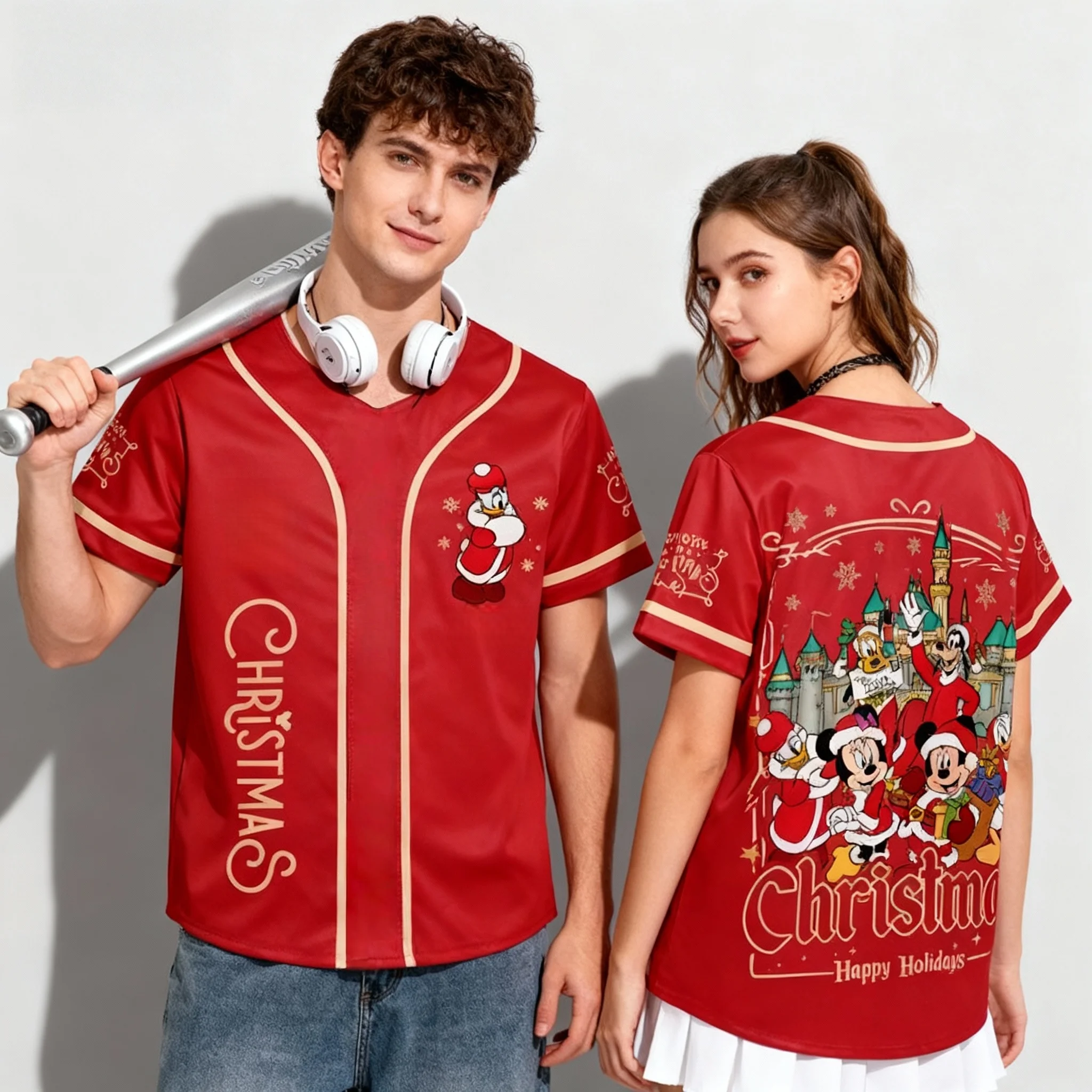 25/26 الصيف ديزني عيد الميلاد جوفي دونالد داك طبعة خاصة المتضخم البيسبول سترة الكبار الوالدين ملابس أطفال الشارع تي شيرت #3