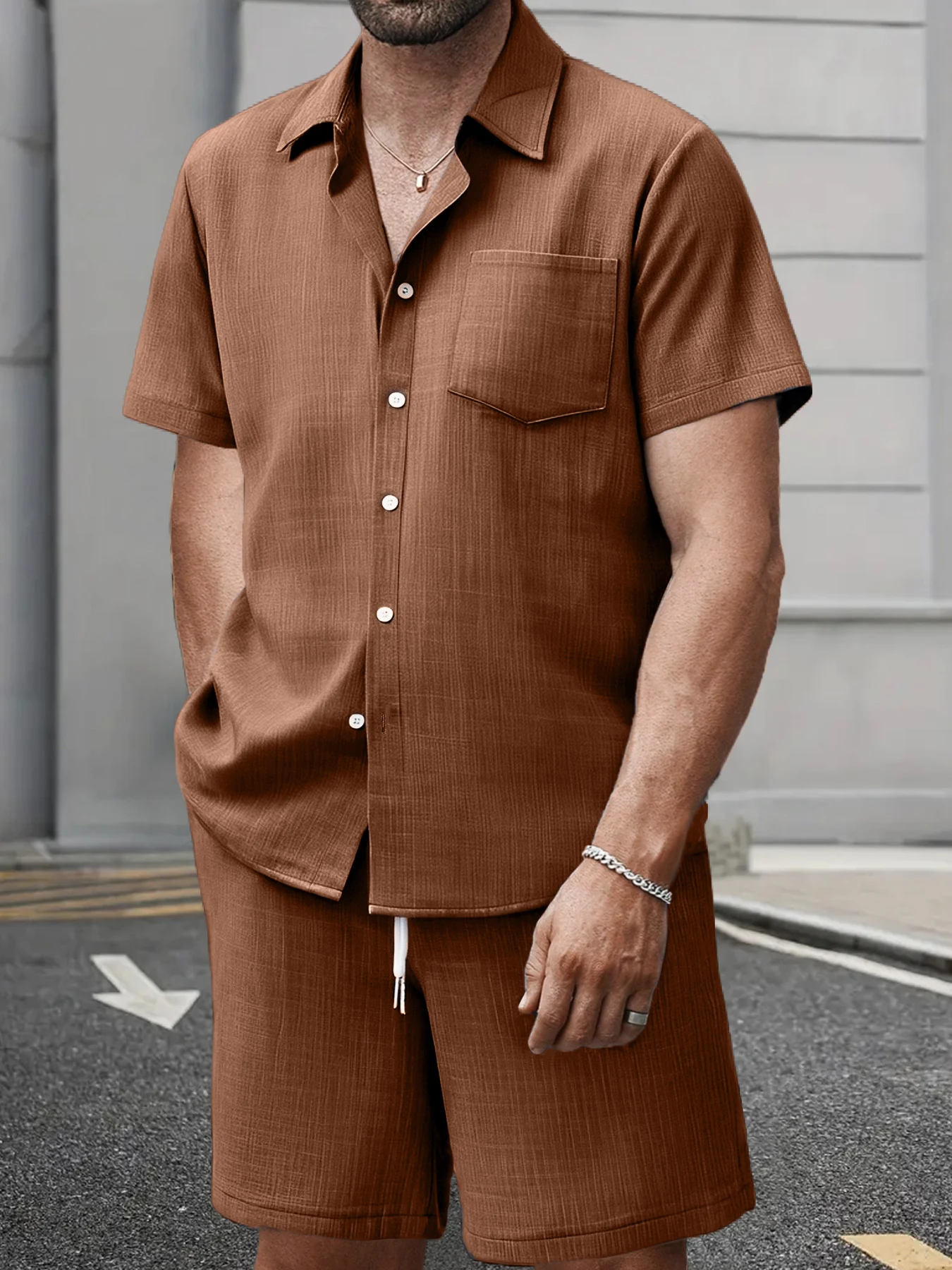 

Men's Linen-Like Texture Short Sleeve Shirt & Shorts 2-Piece Set, Loose Casual Summer Outfit