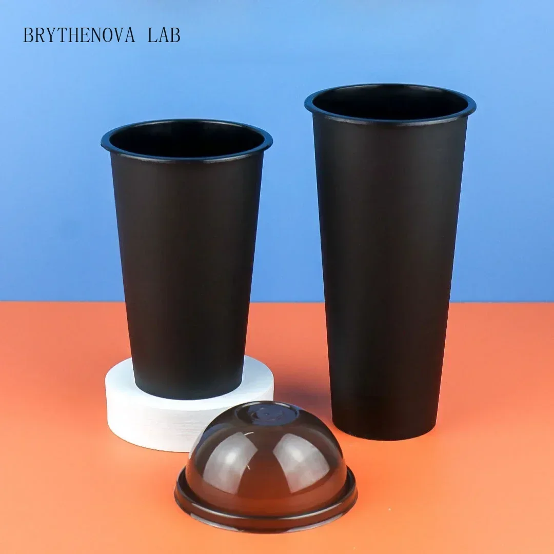 50pcs 25/ Black Frosted Milk Tea Coffee Cup Disposable 500/700ml Juice Mug 90 Caliber Beverage Plastic Packing Cup Lid Straw