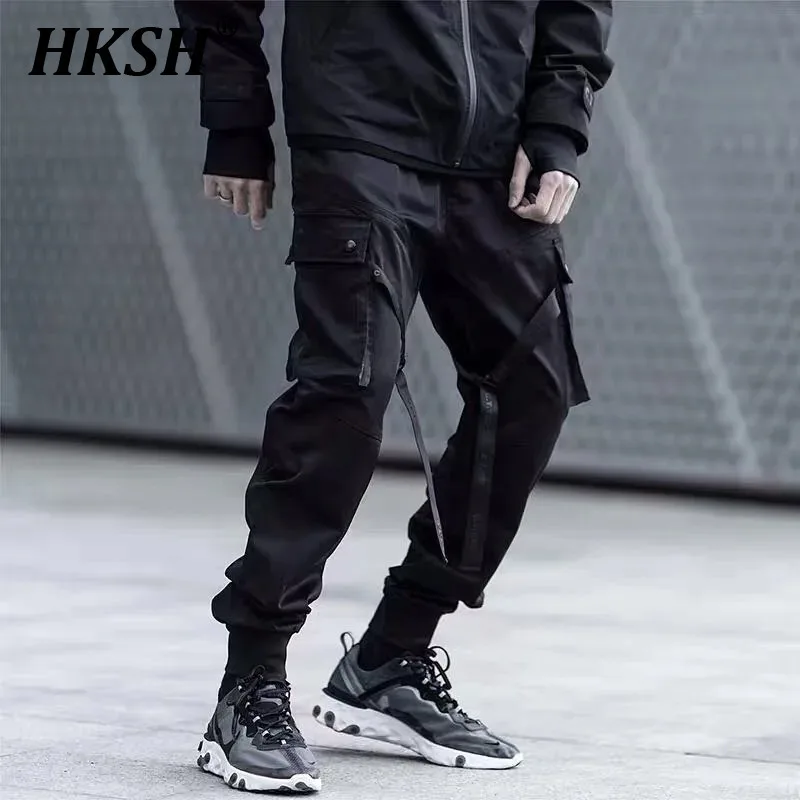 

HKSH Men's Functional Overalls Mesh Streetwear Cargo Pants Tide Spring Autumn New Punk Tactical Darkwear Pocket Trousers HK0374