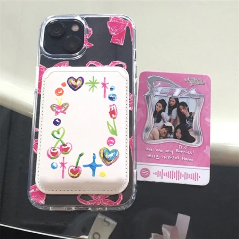 INS Korean Graffiti Heart Wallet Card Slot Holder For Magsafe Magnetic Leather Phone Case For iPhone 15 Pro Max Bag Accessories