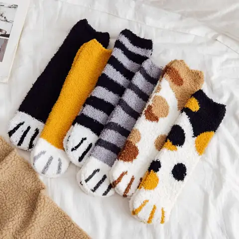 여성용 동물 손가락 고양이 발 겨울 양말, 산호 양털 고양이 발, 따뜻한 양말, 부드럽고 두꺼운 수면 양말, 1 쌍