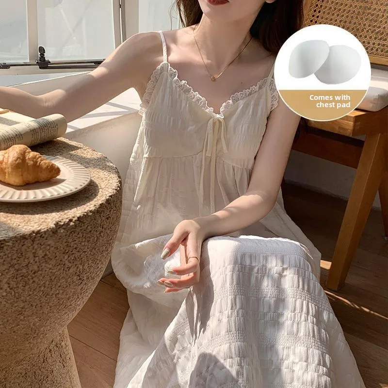 Frühling Sommer Damen Lässiger Lockerer Indoor-Pyjama Niedliches Knielanges Trägertop Nachthemd Mädchen Einfarbige Schlafkleidung mit BH-Einlagen