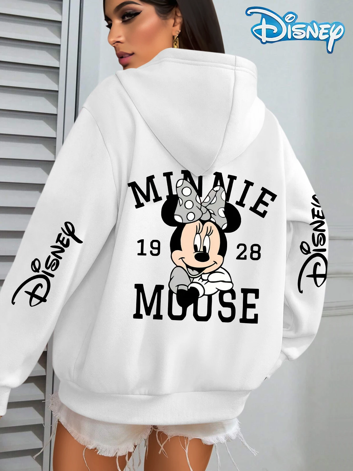 Disney minnie mouse feminino padrão outono e inverno velo moletom com capuz unisex streetwear oversized solto casual