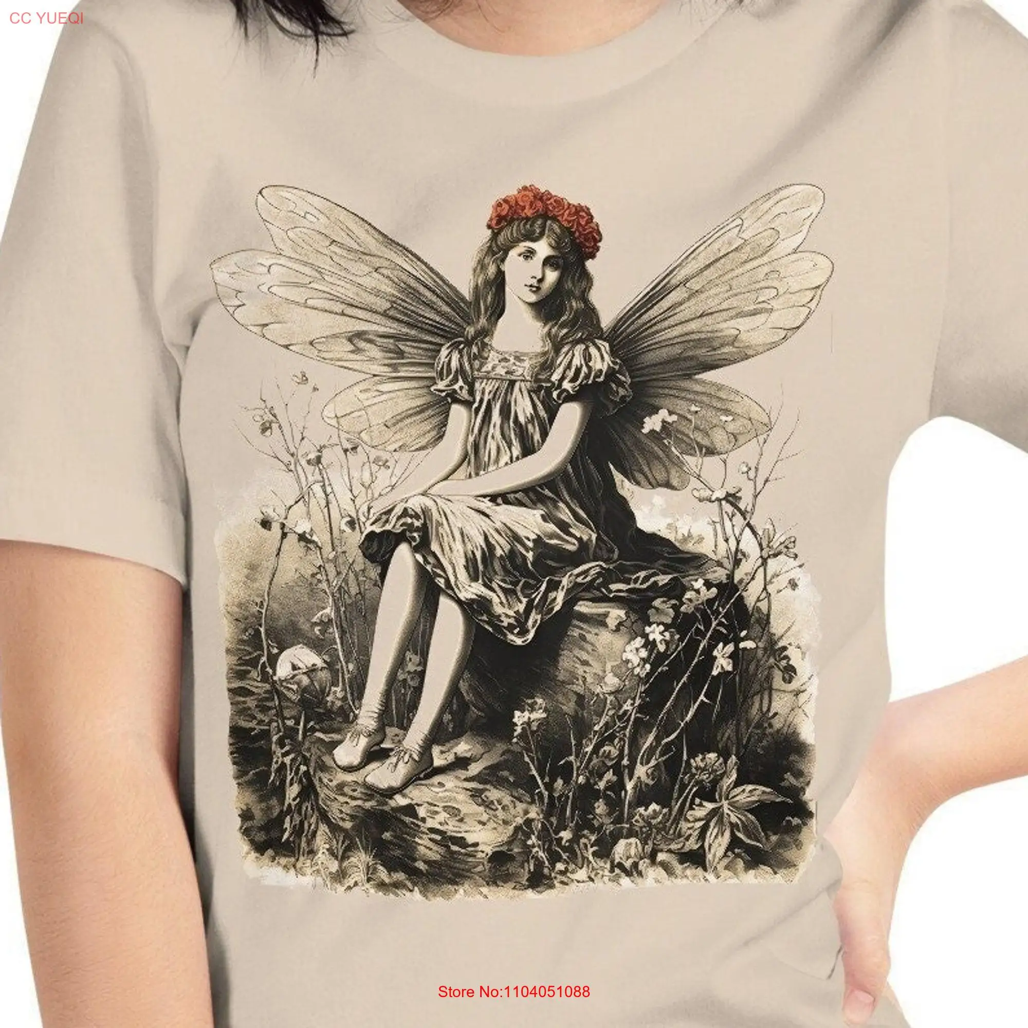 Sepia Fairy T Shirt Antique Style Illustration Cream Monochrome Red Roses long or short sleeves