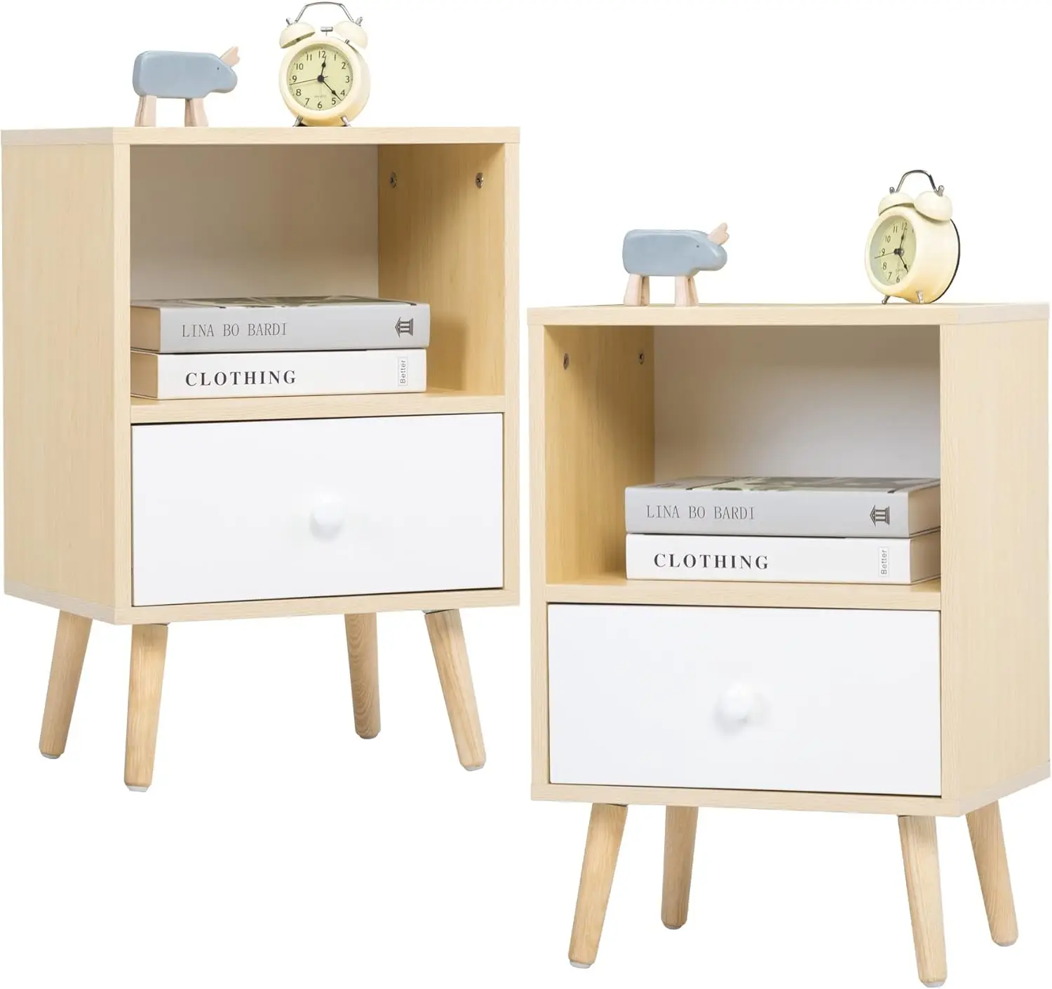 

Set of 2 Modern Wood Nightstands with Drawer, Open Shelf and Solid Wood Legs, Beside Table for Bedroom Home Furniture (2