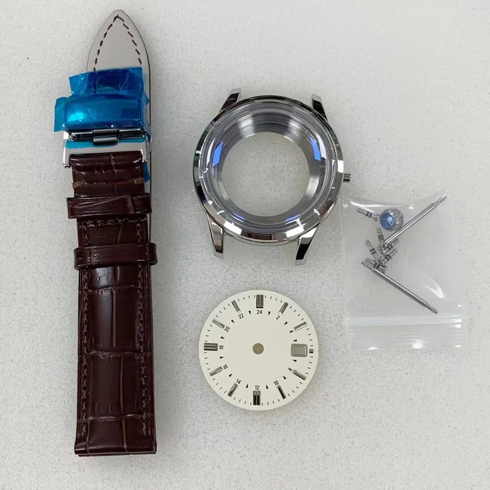 Watch Complete Set of Accessories 39MM Transparent Bottom Case+Leather Strap+Dial Suitable For NH35 NH36 4R 7S Movement