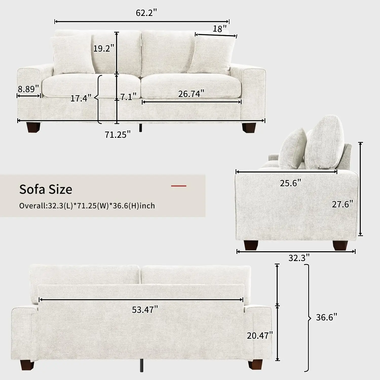 Chenille Sofa Couches for Living Room, 2 Seater Sofa with 2 Pillows, Small Modern Loveseat Couch for Small Spaces, Office (Beige