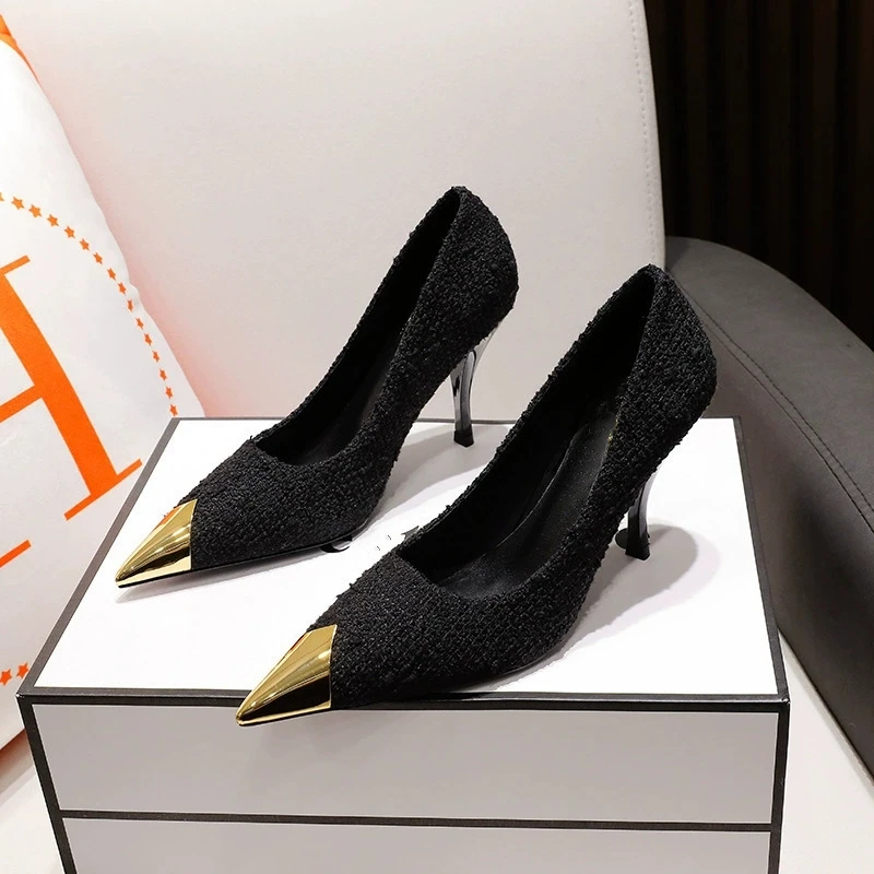 New Spring and Autumn Women's High Heels Black Stiletto Woolen Cloth Metal Pointed Toe Autumn and Winter All-match Single Shoes