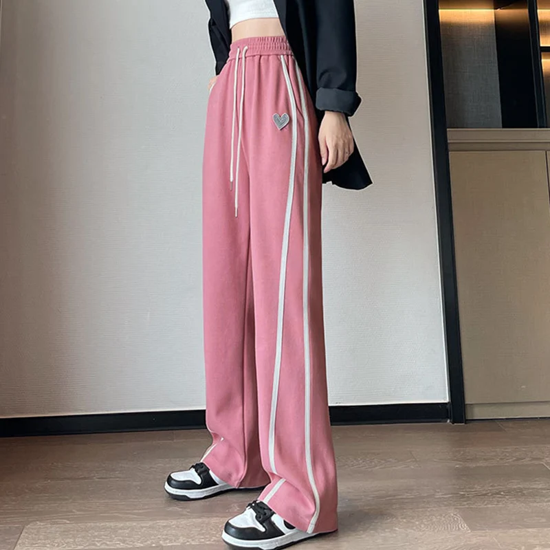 Y2K Streetwear Striped Sweatpants Women Autumn Winter Vintage Heart Design Wide Leg Trousers Korean Casual Sports Fitness Pants