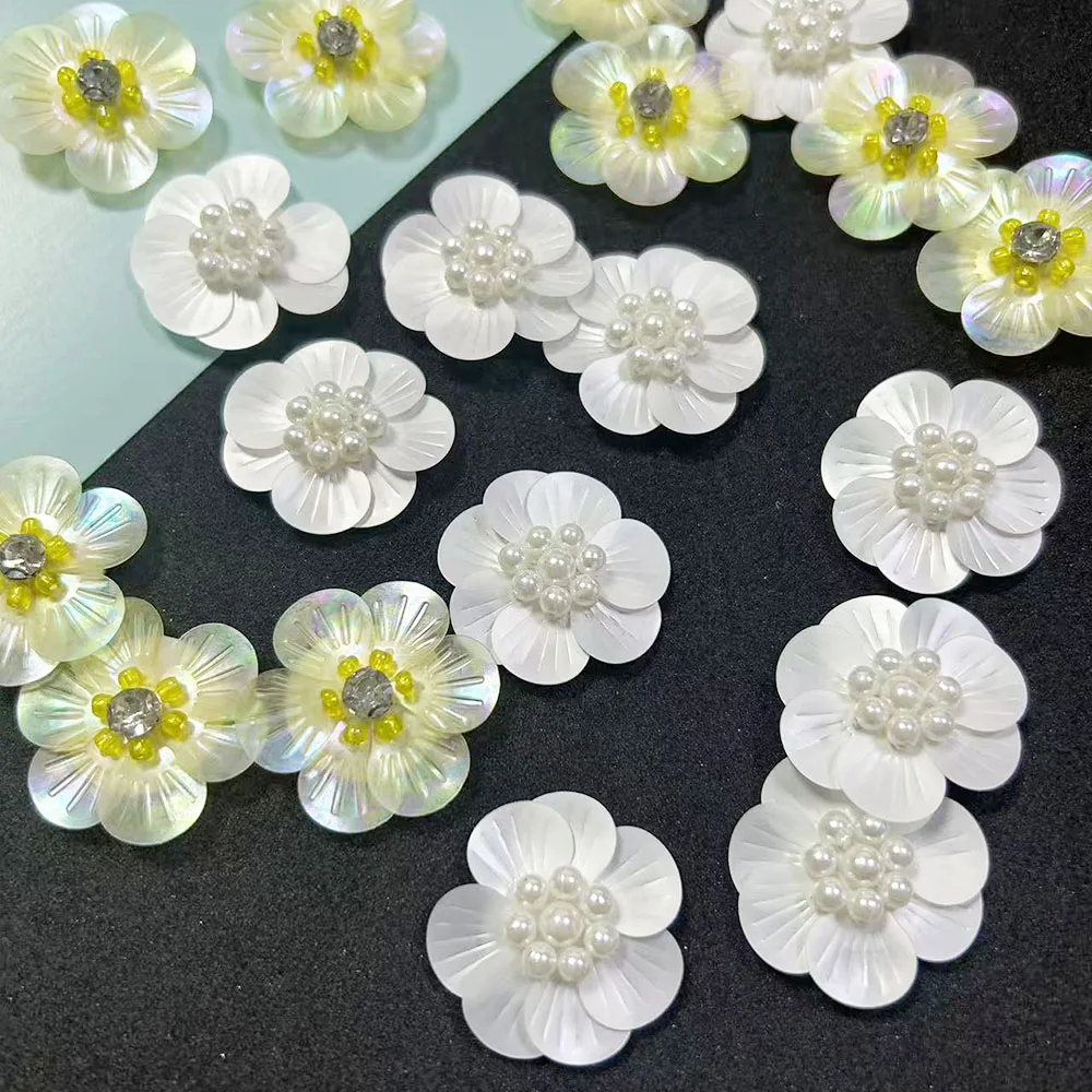 10PCS Beaded Shell Flower Patch, White Yellow Sequined Applique for Clothes Bags Hair, DIY Handmade Sewing Decorative Patches