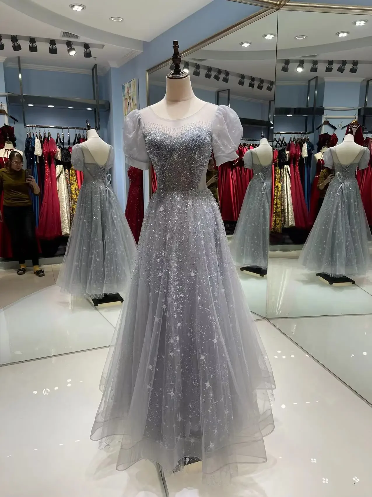Customized Luxury Evening Dress for Women Scoop A-line Puff Sleeve Sequins Beading Long Formal Party Gowns Vestidos De Noche