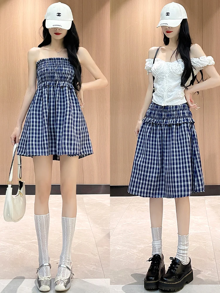 

Юбка в клетку с высокой талией, женская летняя новинка, маленький размер, студенческая двусторонняя жилетка, юбка, корейская система для похудения