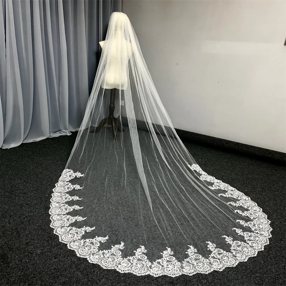 Velo de novia con apliques de borde de encaje elegante, encaje brillante, con peine, 1 nivel, largo, longitud de catedral, accesorio de novia para boda, gran oferta