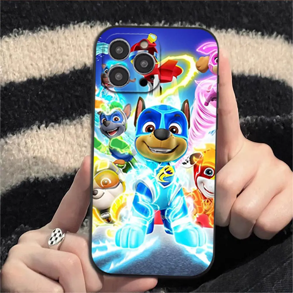 Paws P-Patrols Cartoon Dog Phone Case for iPhone 12 11 13 14 15 16 Max Pro Plus Black Soft Silicone shell