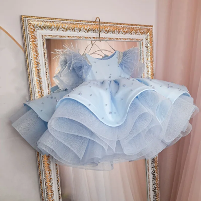 فستان بناتي من الريش والكتف واللؤلؤ من التول توتو فستان زفاف رسمي للأميرة للأطفال الصغار والطفلة