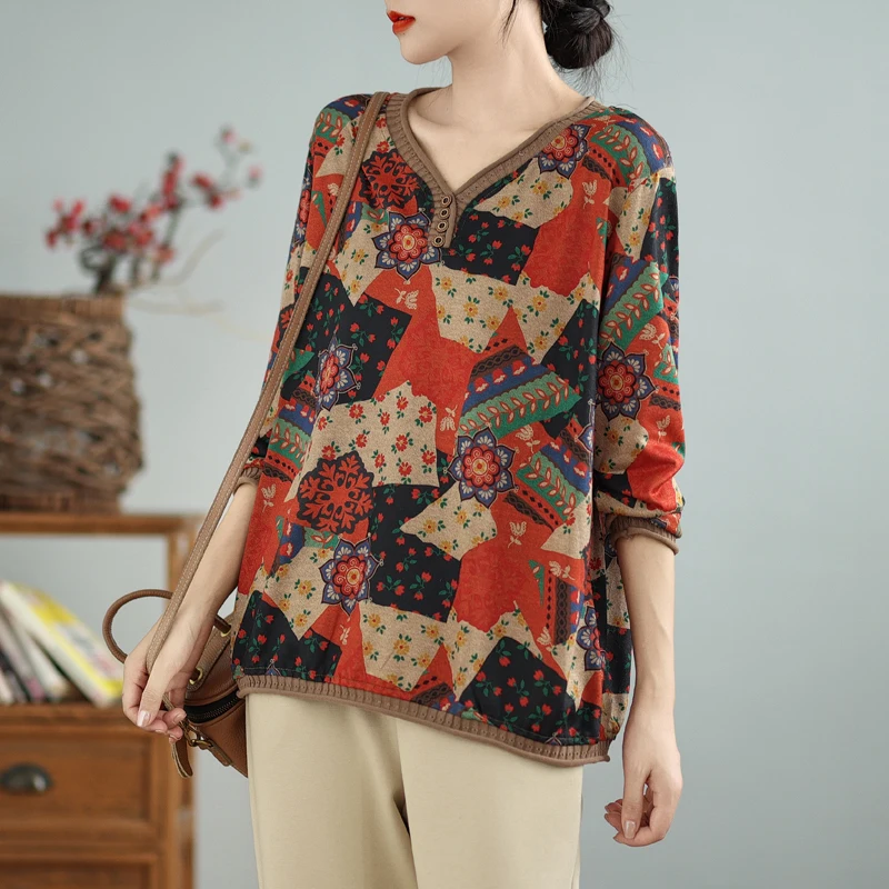 Herbst Neue Lange Sve T-shirt frauen Künstlerische Vielseitige Retro Patchwork Rippen Druck Große Größe Lose V-ne Basis irt Thi...