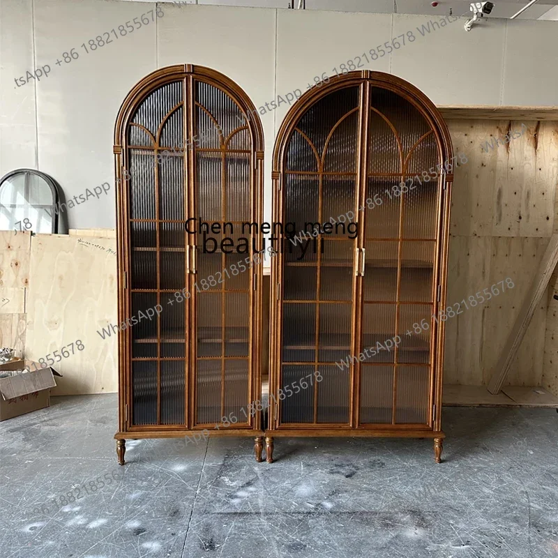 Retro solid wood bookcase, living room art, glass bookshelf French light luxury arched decorative cabinet