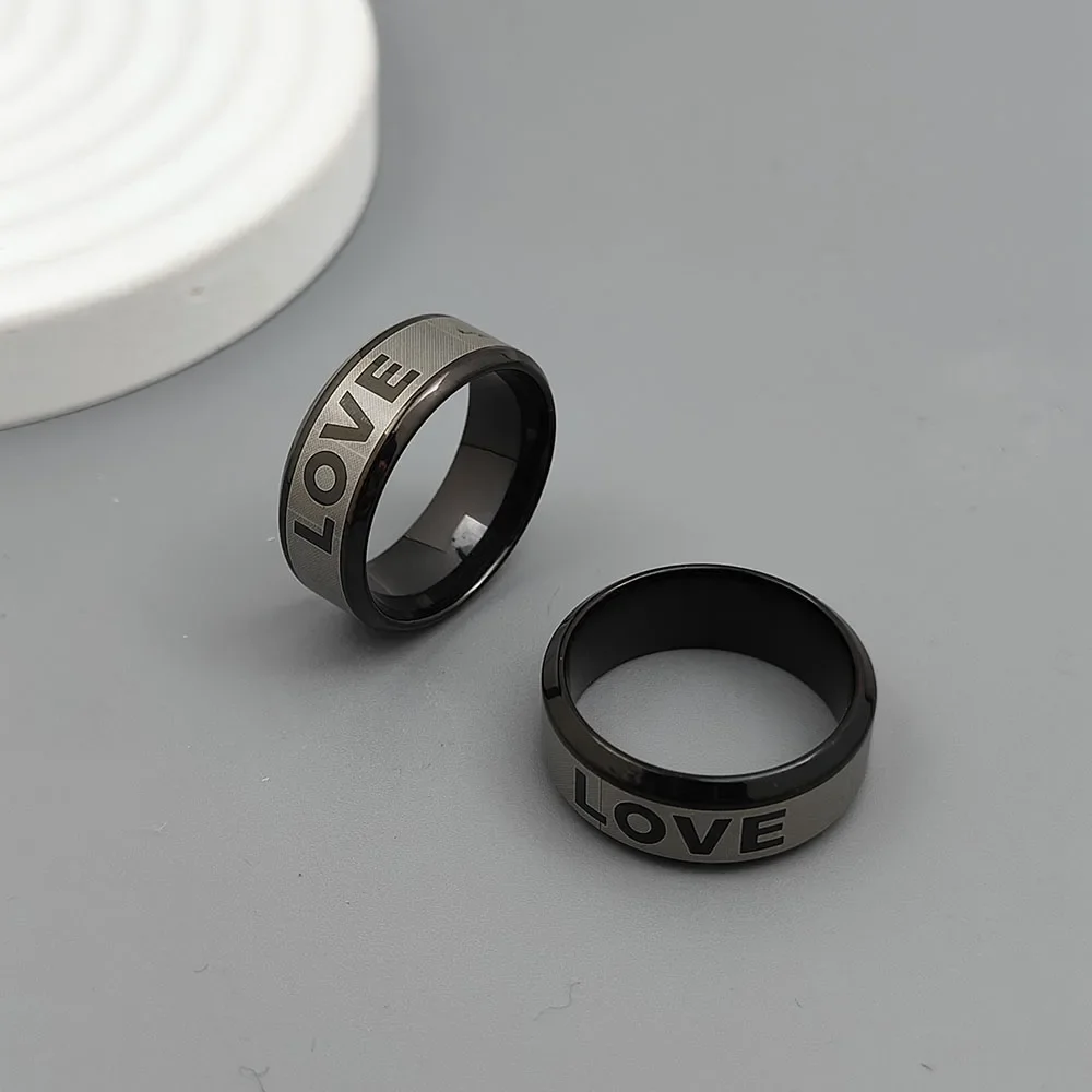 1Pcs Custom Stainless Steel Beveled Edge Brushed Center Ring for Men Women Black Wedding Band LOVE Letter Date Ring