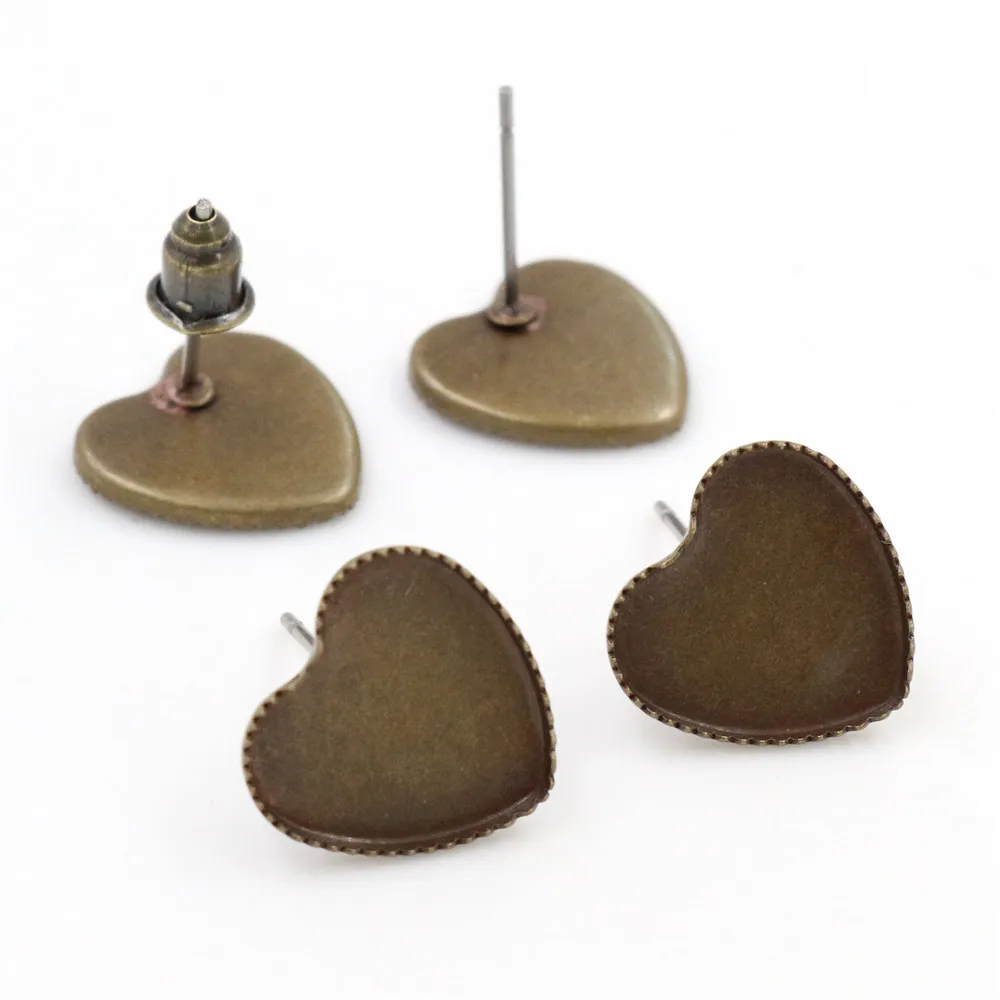 12mm 20pcs Silver Color Bronze Gold Color Heart Earring Studs,Earrings Blank/Base,Fit 12mm Glass Cabochons;Earring Bezels