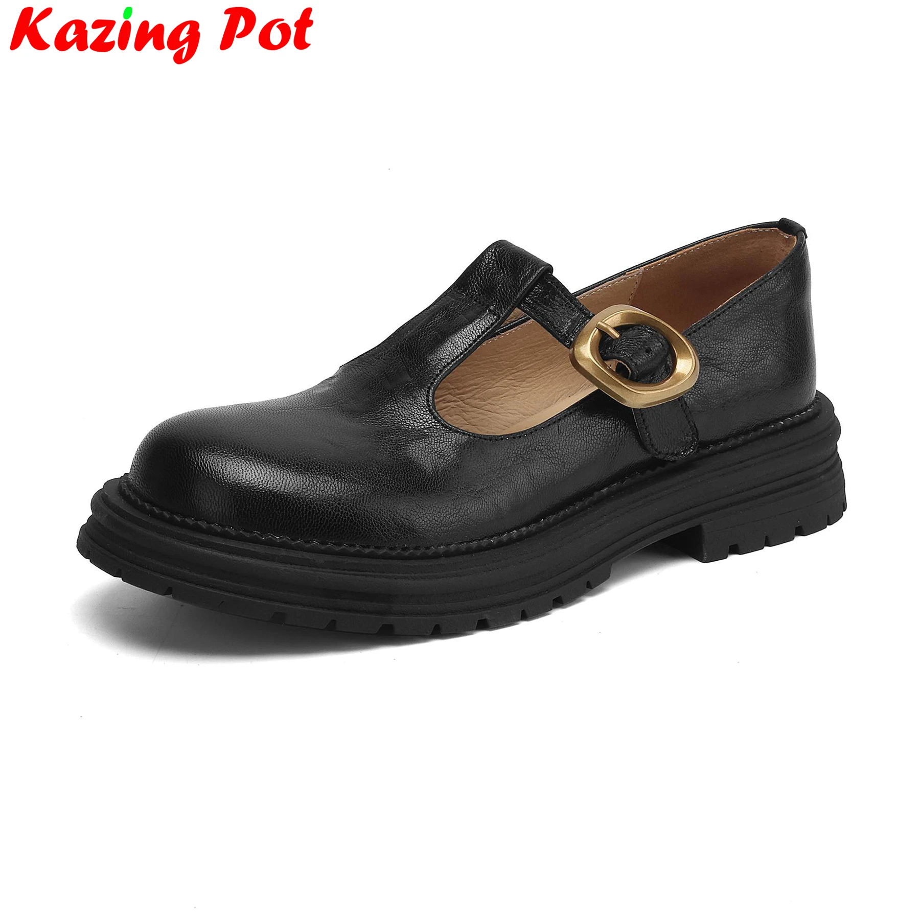 

Krazing Pot Plus Size Genuine Leather Round Toe Med Heels Buckle Strap Mary Janes Retro Platform Brand Concise Dress Women Pumps