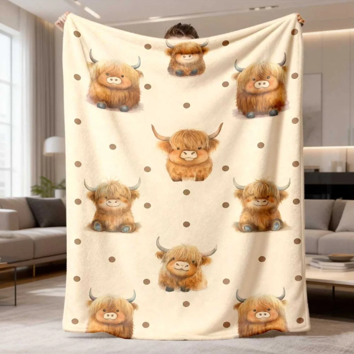Cream Base Watercolor Highland Cow Brown Dot Full Print Fluffy Throw Blanket, Warm Soft Couch Bed Animal Home Decor Present