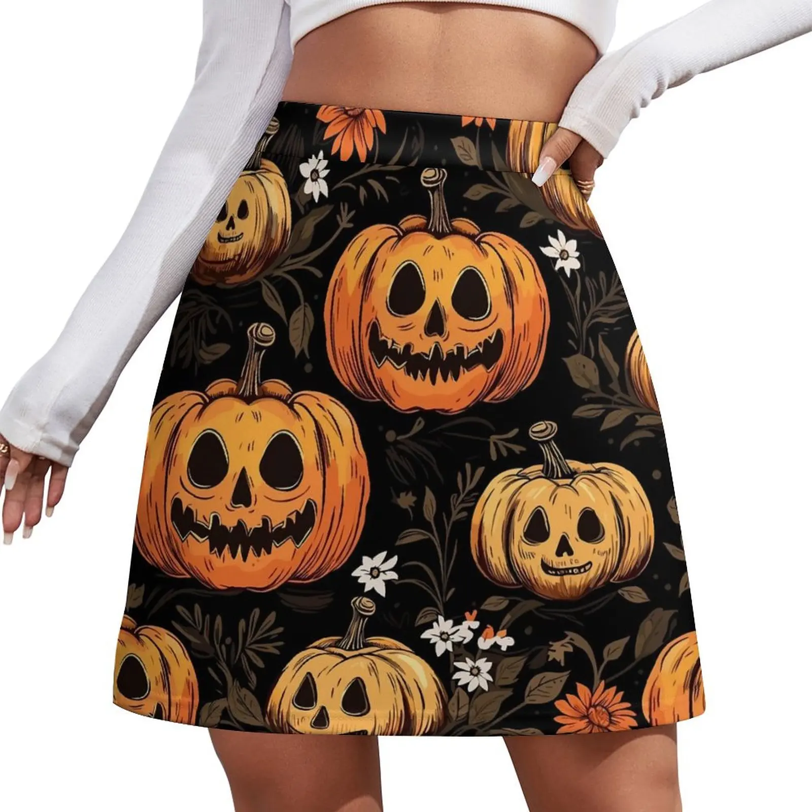 

Halloween Pumpkins Skirt Women Flowers Print Elegant Mini Skirts High Waist Graphic Aesthetic Casual Skirt Big Size 3XL 4XL