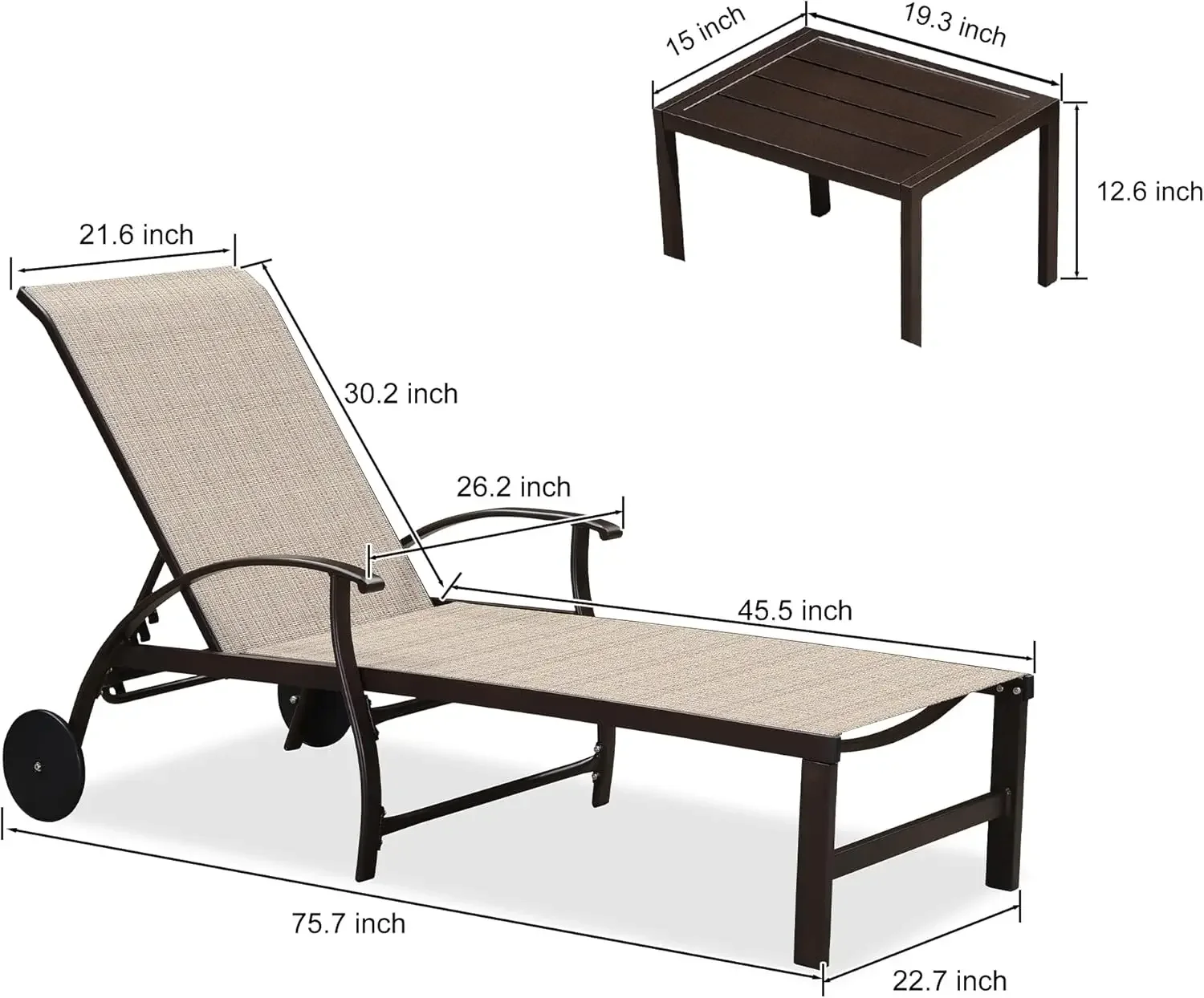 Outdoor Chaise Lounge Chair Set of 3 Patio Pool Lounger Aluminum Chairs with Side Table and Wheels Adjustable Tanning Recliner