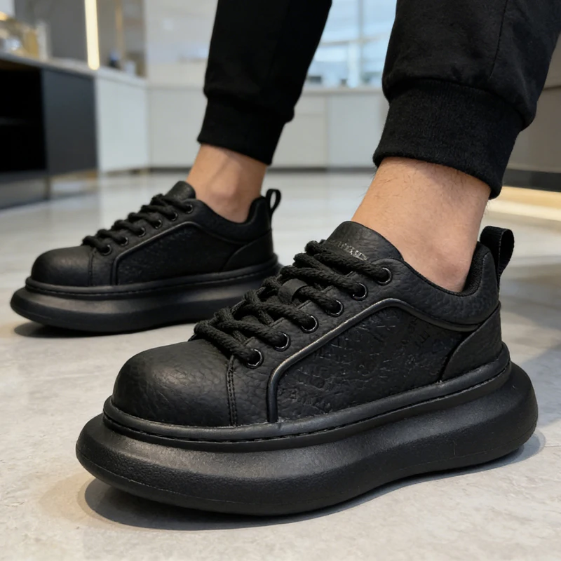 

2026 New Men's Shoes Spring and Autumn Flat-soled Casual Leather Shoes Sports Shoes Black and White Men's Thick-soled Breathable