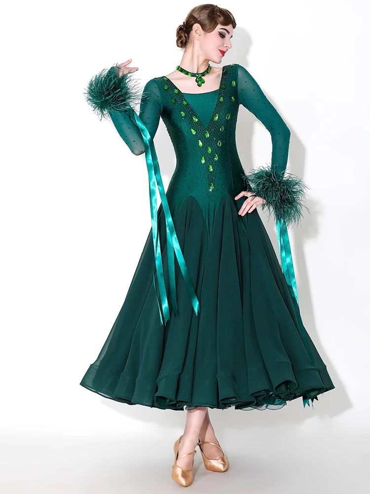 

Modern Dancing Competition Wear Women Customized High-end Elegant Long Sleeved Dress Waltz Ballroom Dance Performance Costume