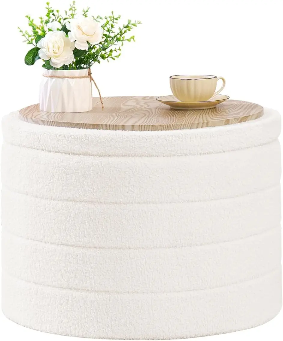 

Ottoman With Stroage, Round Sherpa Storage Ottoman Stool, Boucle Foot Rest22 X 22""X15.75"" (White)