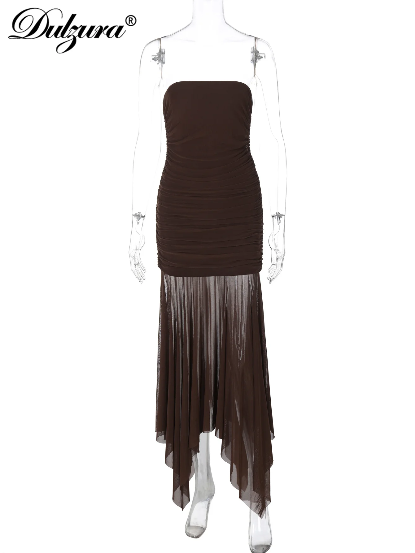 Dulzura หน้าอกห่อ Ruched Bodycon Backless ไม่สม่ําเสมอ SHEER ตาข่าย Patchwork Maxi ชุดเซ็กซี่ชุดยาวหรูหราปาร์ตี้ Clubwear