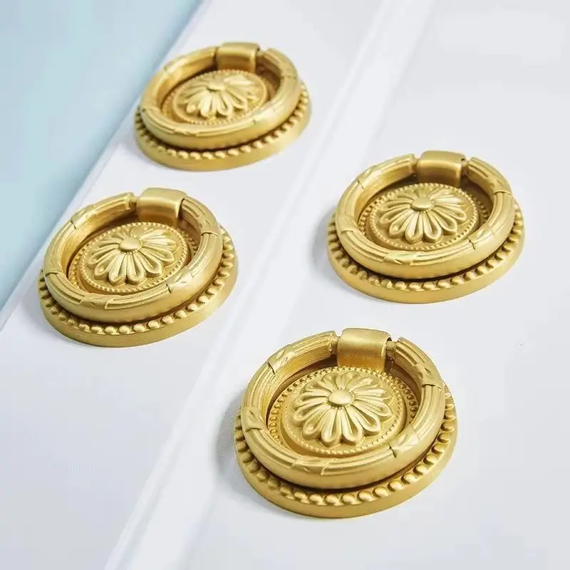 European 10PCS Solid Brass Carving Furniture Pulls Handles Drawer Pulls Ring Cupboard Tatami Wardrobe Shoe TV Wine Cabinet Pulls
